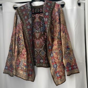 Johnny Was Metallic Hoodie Embroidered Floral Cardigan Sweater Wrap
